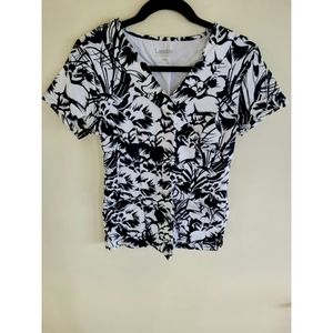 Landau Black and White Floral Scrub Top